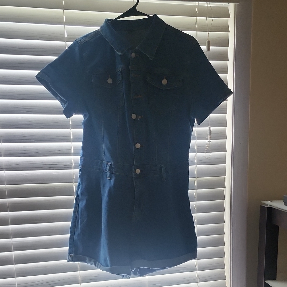 SHEIN Blue Denim Button-Up Romper